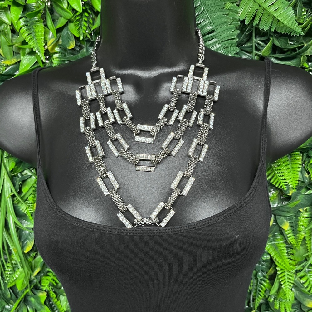 Statement Necklace Silver Tone Rhinestone Geometric Multi Strand Layered 3817